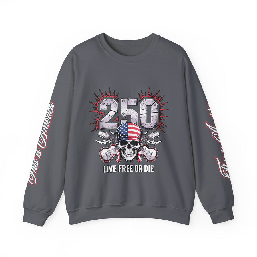 250 Live Free or Die Sweatshirt, Patriotic Skull Crewneck, American Flag Pullover, USA 250th Anniversary Gift, Fourth of July Top