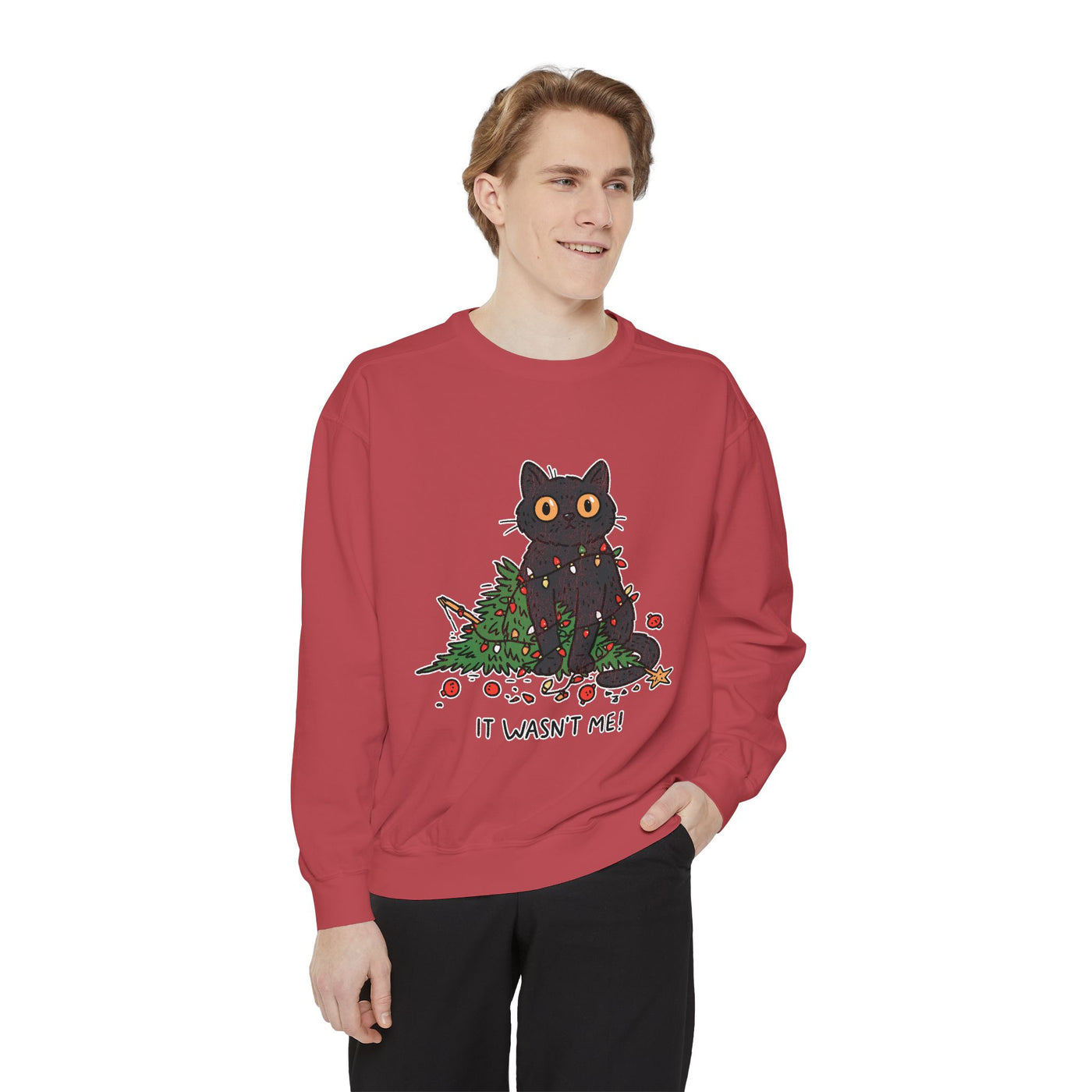 It Wasn't Me Black Cat Christmas Sweatshirt, Funny Holiday Crewneck, Mischievous Kitty Lights Pullover, Gift for Cat Mom or Cat Dad