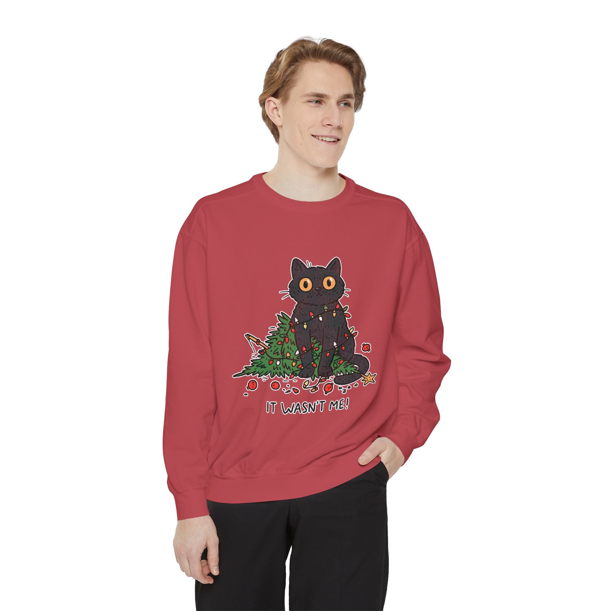 It Wasn't Me Black Cat Christmas Sweatshirt, Funny Holiday Crewneck, Mischievous Kitty Lights Pullover, Gift for Cat Mom or Cat Dad