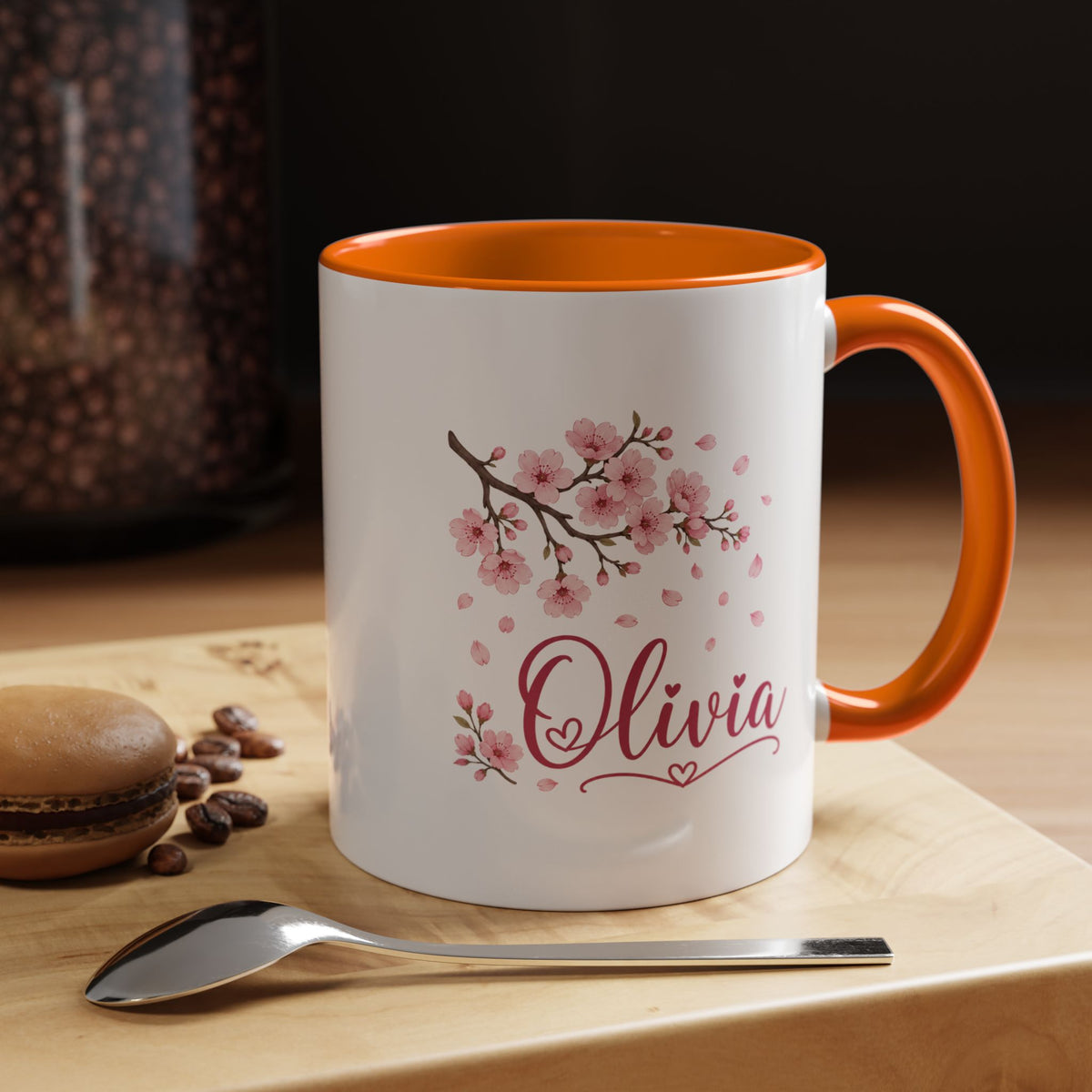 Personalized Name Mug, Pink Cherry Blossom Black Accent Coffee Cup, Custom Name Gift for Her, Girl, Daughter, Birthday or Nursery Keepsake