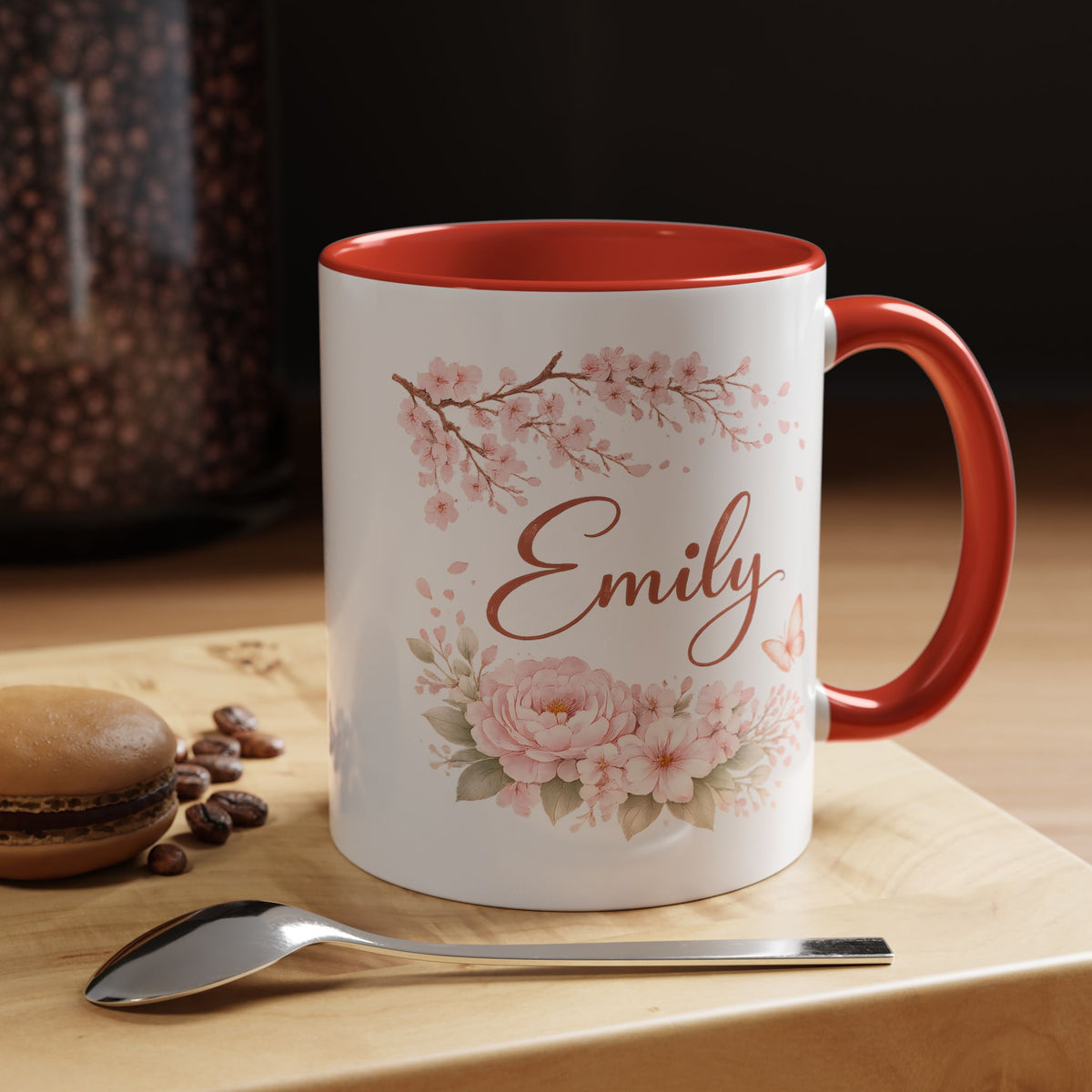 Personalized Floral Name Mug, Custom Coffee Mug with Name, Pink Flower Mug for Women, Birthday Gift, Bridesmaid Keepsake Cup