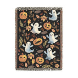 Halloween Ghost Pumpkin Woven Blanket, Cute Spooky Throw, Autumn Home Decor, Cozy Witchy Gift for Halloween Lovers, Ghostly Fall Decor