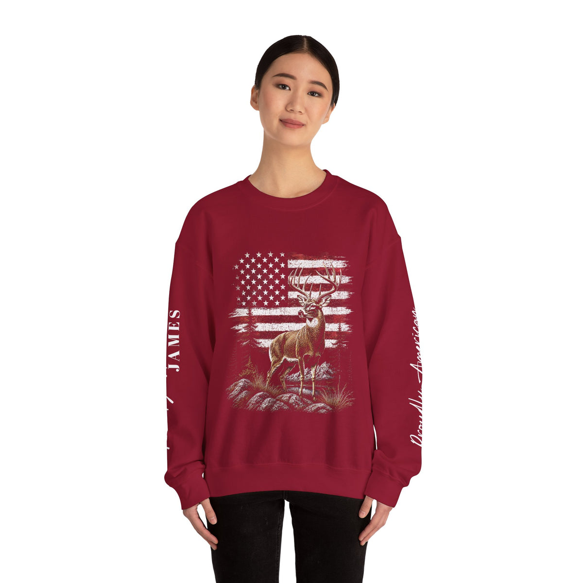 Personalized Hunting Sweatshirt, Custom Deer American Flag Pullover, Patriotic Outdoorsman Crewneck, Hunter Gift, Personalized Family Shirt