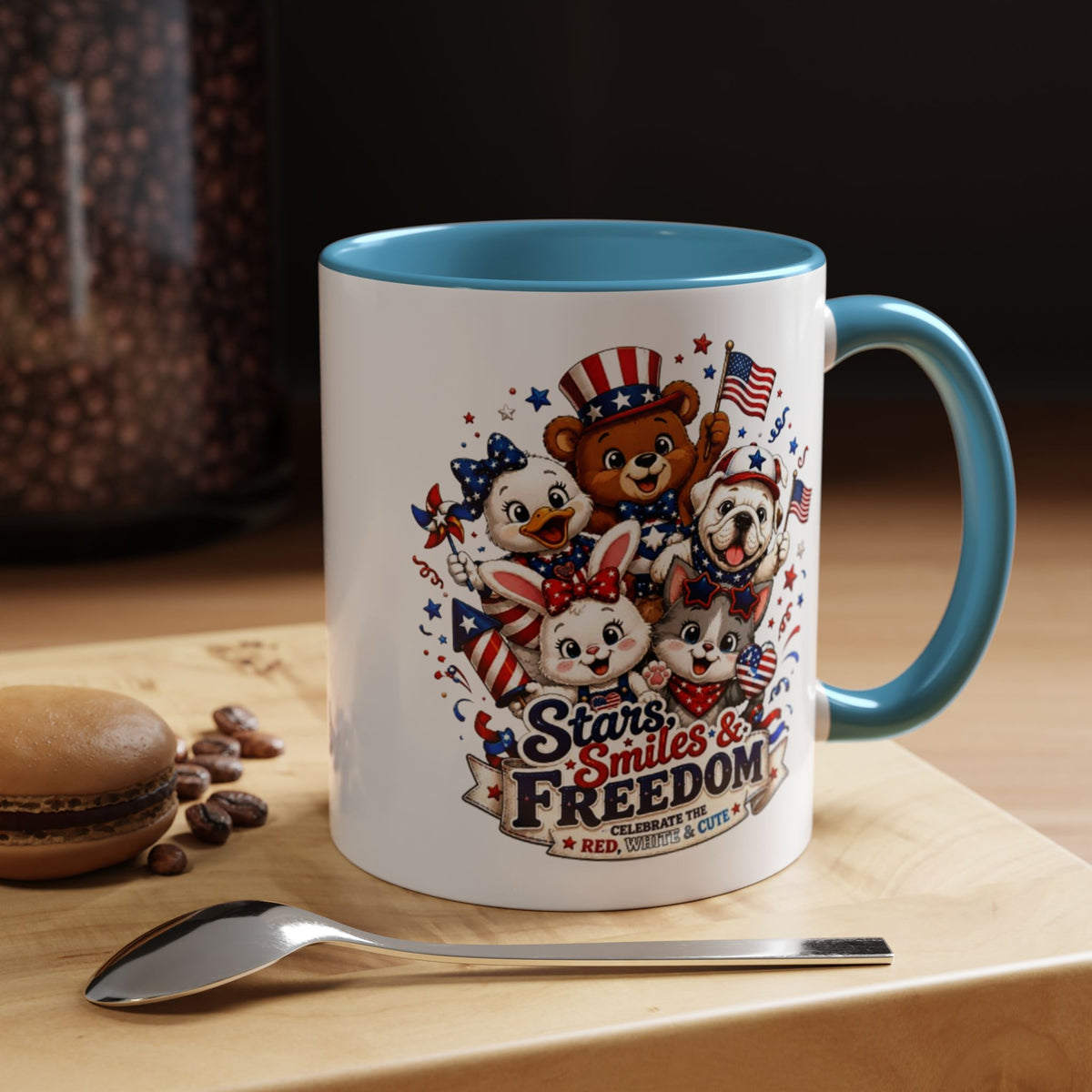 Cute Patriotic Animal Coffee Mug, Fourth of July Mug for Kids and Families, Stars Smiles and Freedom Cup, Independence Day Gift