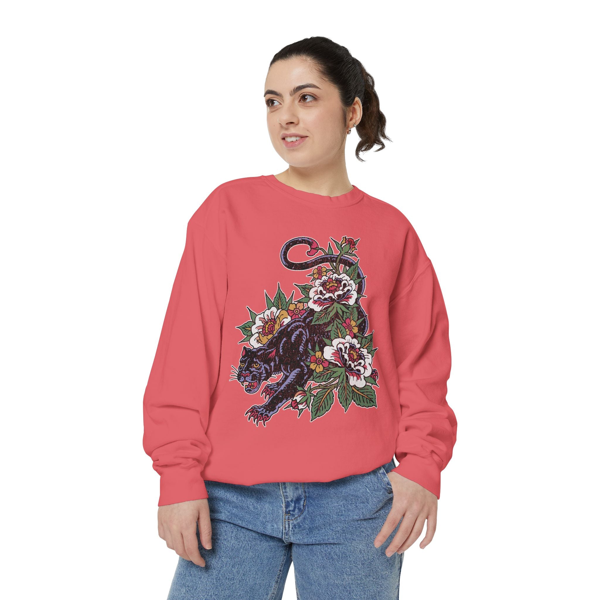 Traditional Panther Graphic Sweatshirt, Floral Tattoo Pullover for Men and Women, Old School Big Cat Top