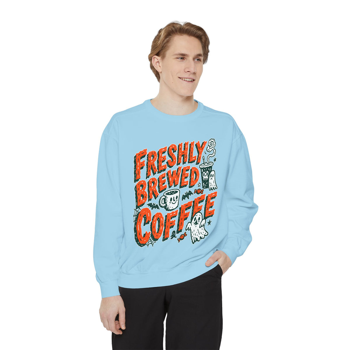 Coffee Lover Halloween Sweatshirt, Freshly Brewed Coffee Ghost Pullover, Cute Spooky Season Gift for Barista and Caffeine Fan, Gift for Her