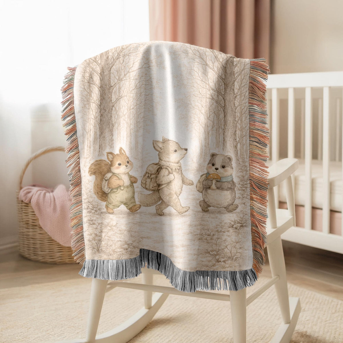 Woodland Friends Woven Blanket Forest Animal Nursery Decor Bear Fox Squirrel Kids Blanket Baby Shower Gift