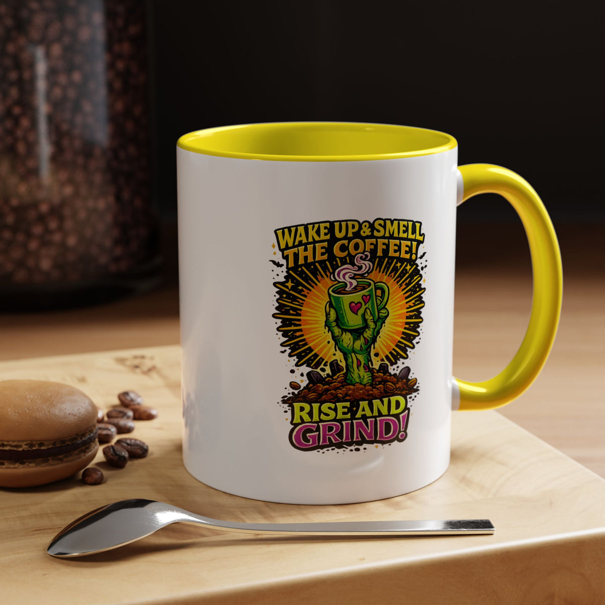 Zombie Coffee Mug, Wake Up and Smell the Coffee Black Accent Cup, Unique Funny Rise and Grind Gift for Horror Fan, Barista or Coworker
