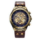 SHENHUA skeleton automatic watch with antique bronze case and brown leather strap, front view