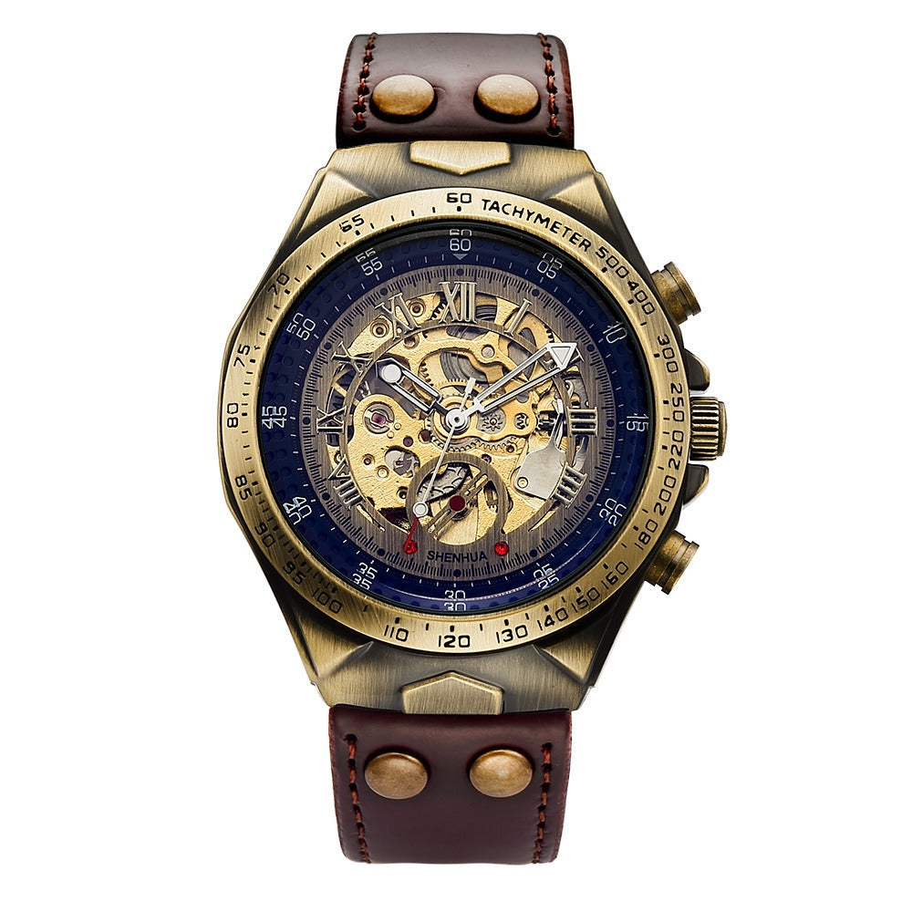 SHENHUA skeleton automatic watch with antique bronze case and brown leather strap, front view