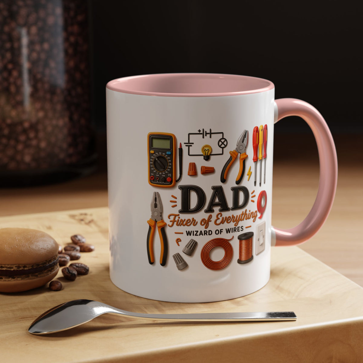 Electrician Dad Fixer of Everything Coffee Mug, Father's Day Gift for Electricians, Lineman Papa Handyman Ceramic Tea Cup with Black Handle