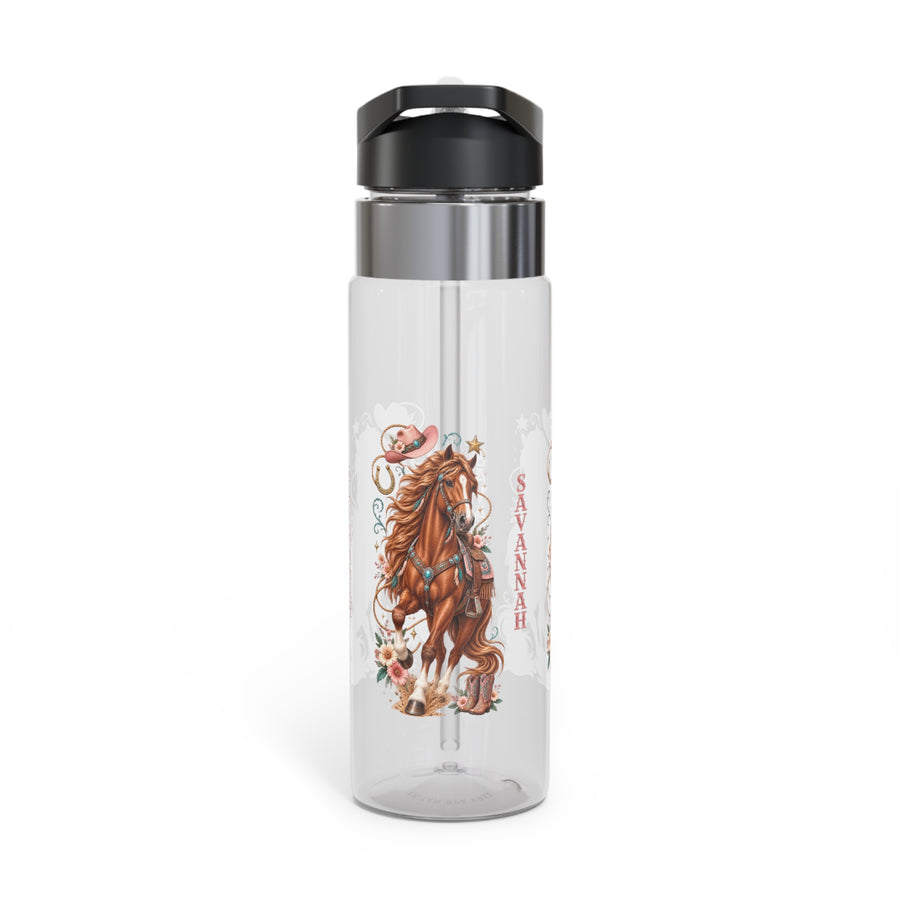 Clear plastic water bottle with a black flip lid and a straw, printed with a chestnut horse in a pink cowboy hat among flowers and boots, the name Savannah reading downwards beside it.
