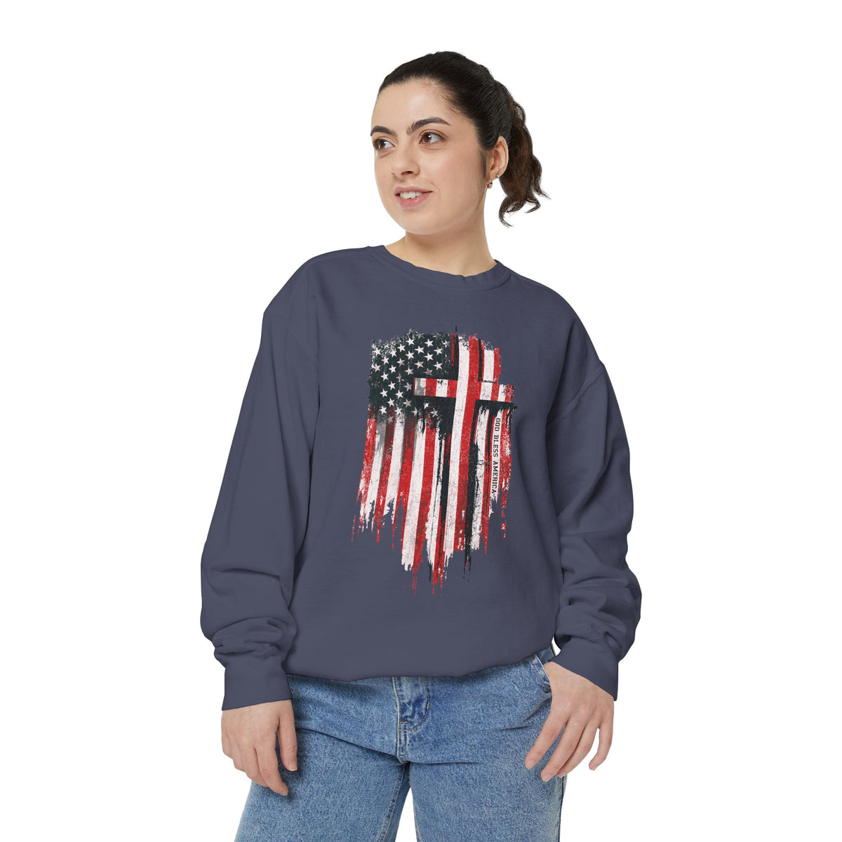 God Bless America Sweatshirt, Distressed American Flag and Cross Graphic, Patriotic Christian Gift for Church Events and Everyday Faith