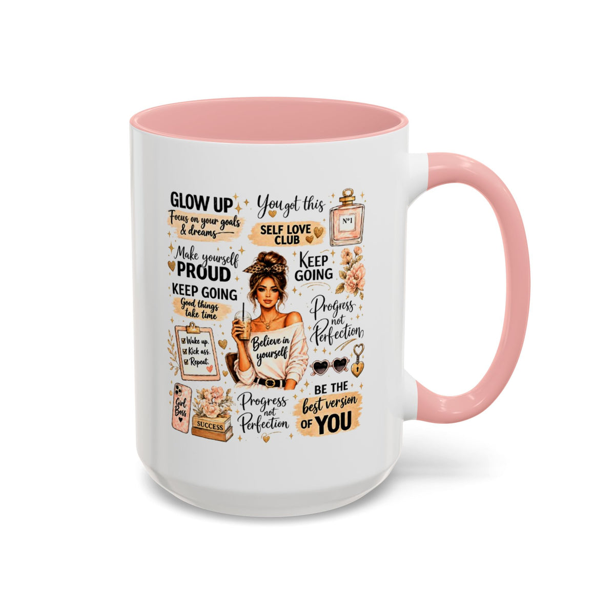 Glow Up Affirmations Coffee Mug, Girl Boss Self Care Gift for Her, Cute Messy Bun Aesthetic Motivational Ceramic Tea Cup with Pink Handle