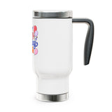 Happy Birthday to You Travel Mug with Handle, Pink and Blue Lettering with Party Balloons, Coffee Lover Gift for a Best Friend or Sister