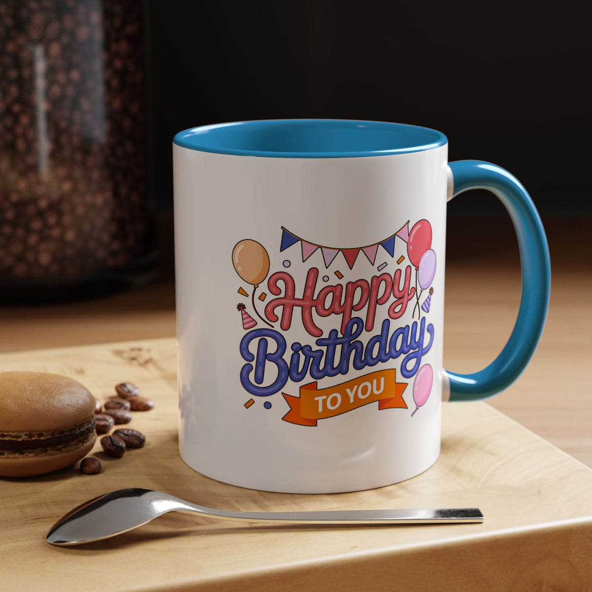 Happy Birthday to You Coffee Mug, Pink and Blue Balloons with Party Bunting, Cheerful Gift for a Sister or Best Friend's Daily Coffee Break