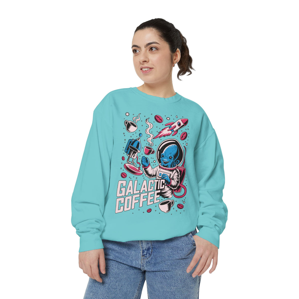 Galactic Coffee Comfort Colors Sweatshirt, Funny Alien Coffee Lover Shirt, Space Nerd Sweatshirt, Sci Fi Gift for Coffee Fans