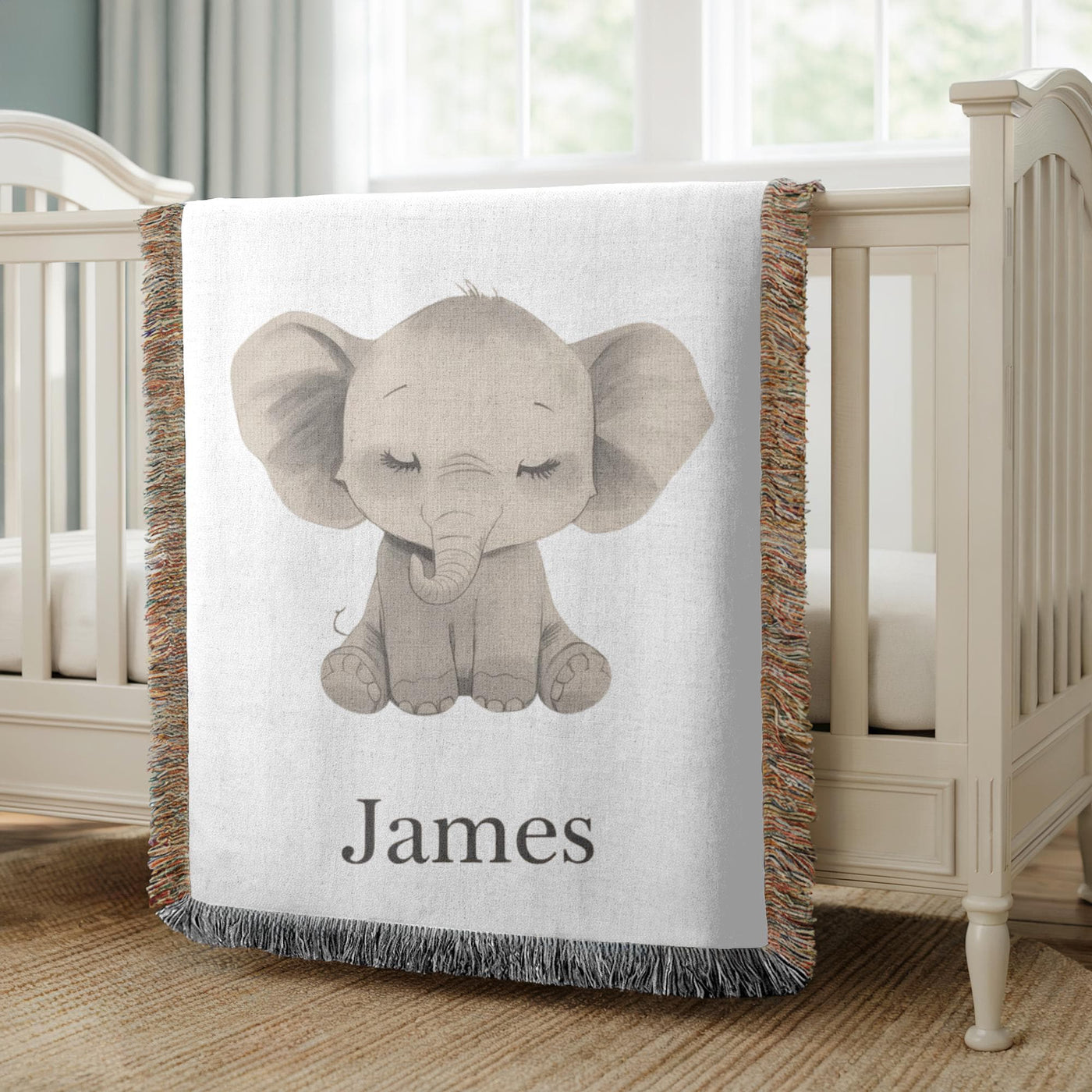 Personalized Elephant Woven Blanket Custom Baby Name Blanket Nursery Decor Keepsake Gift Baby Shower Gift