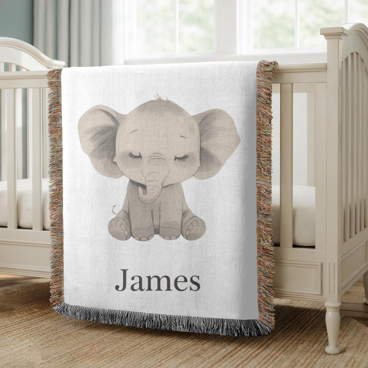 Personalized Elephant Woven Blanket Custom Baby Name Blanket Nursery Decor Keepsake Gift Baby Shower Gift