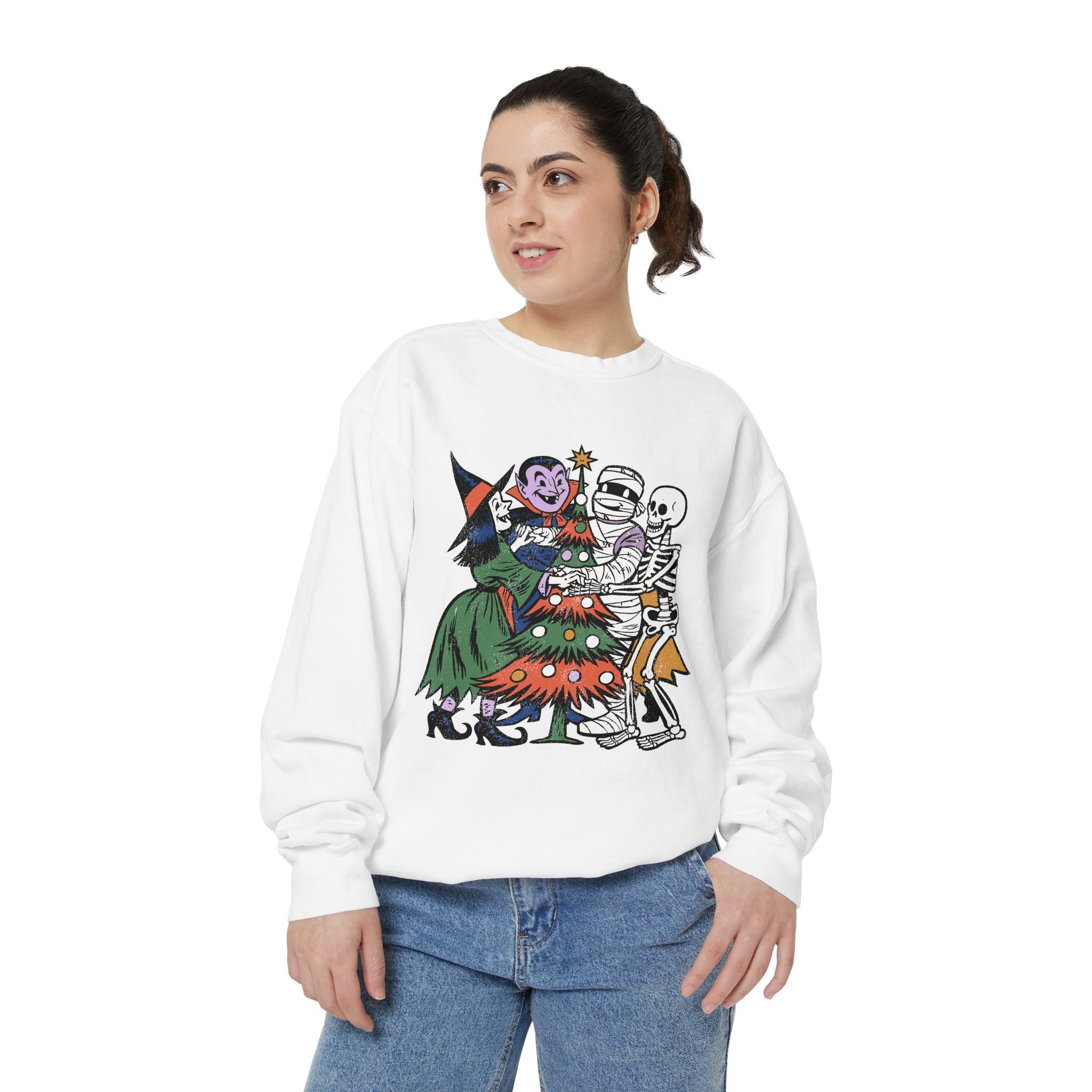 Spooky Christmas Sweatshirt, Halloween Holiday Mashup Crewneck, Witch Vampire Mummy Skeleton Pullover, Gothic Xmas Gift for Horror Fan