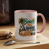 Beach More Worry Less Coffee Mug, Summer Vacation Gift for Ocean Lovers, Cute Tropical Palm Tree Ceramic Tea Cup with Dark Blue Handle
