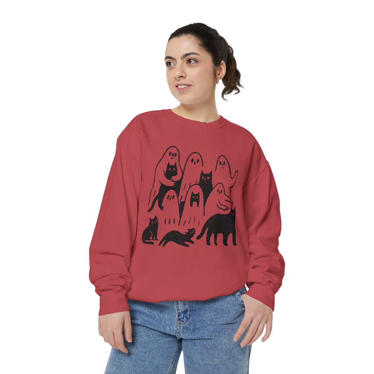 Ghost Cat Halloween Sweatshirt, Cute Spooky Cats and Ghosts Pullover, Cozy Pet Lover Gift, Minimal Black and White Fall Outfit for Women