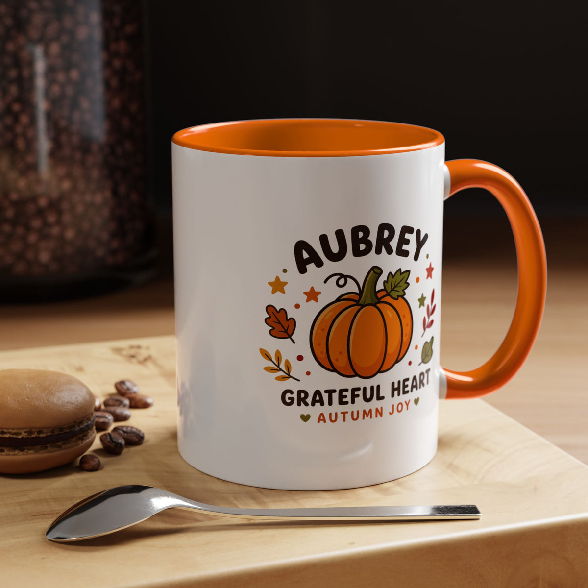 Personalized Pumpkin Name Mug, Custom Aubrey Fall Coffee Cup, Grateful Heart Autumn Gift for Her, Thanksgiving Birthday Keepsake Gift