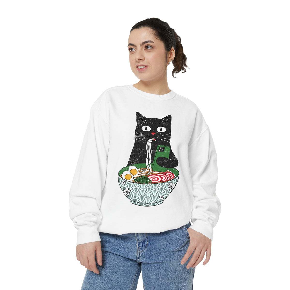 Ramen Cat Comfort Colors Sweatshirt, Funny Cat Eating Noodles Shirt, Cat Lover Graphic Crewneck, Foodie Gift Idea