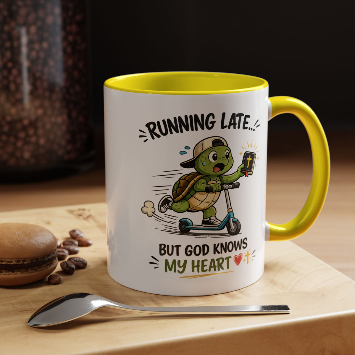 Christian Turtle Coffee Mug, Running Late But God Knows My Heart Mug, Funny Faith Based Mug, Christian Gift for Friends, Bible Lover Cup