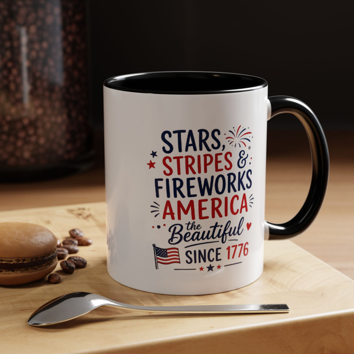 Stars and Stripes Coffee Mug, 4th of July Fireworks Gift for Hostess, America the Beautiful Since 1776 Patriotic Ceramic Tea Cup