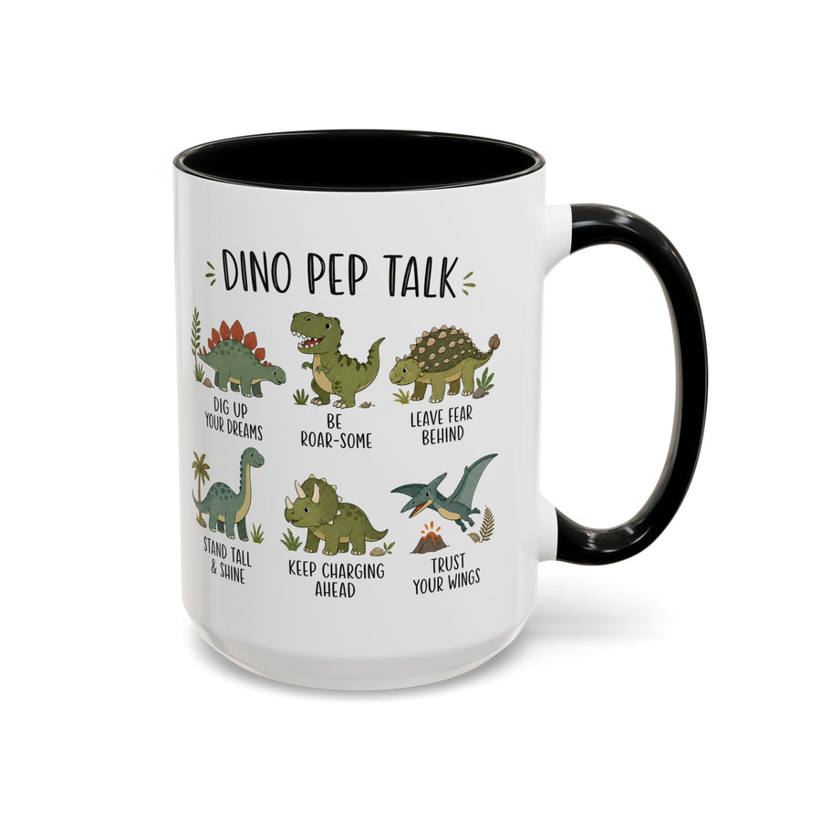Two white mugs with black handles and interiors standing side by side, both printed Dino Pep Talk with six cartoon dinosaurs captioned Be Roar-Some, Stand Tall and Shine and more.