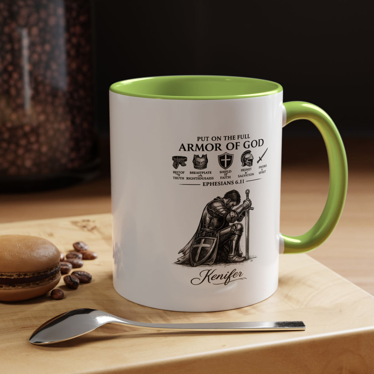 Full Armor of God Coffee Mug with Name, Personalized Christian Knight Gift for Men, Inspirational Scripture Ceramic Tea Cup, Religious Faith Present