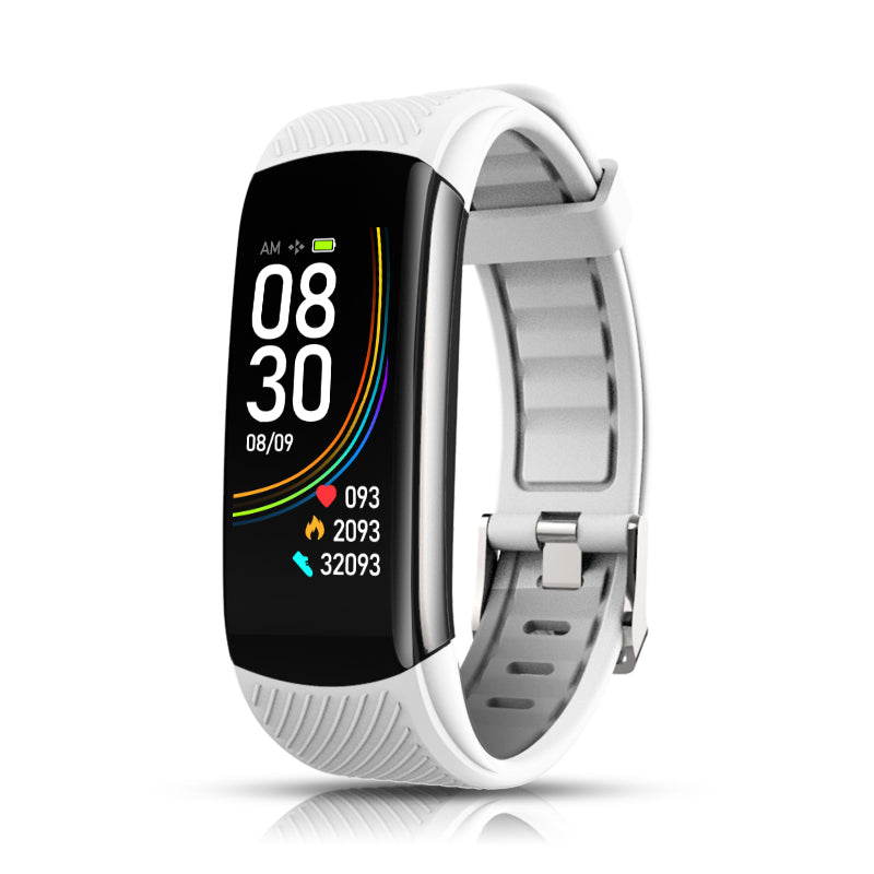 C6S white and gray fitness bracelet, angled view showing heart rate, calories, and step count