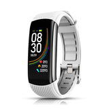 C6S white and gray fitness bracelet, angled view showing heart rate, calories, and step count