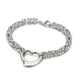 Silver stainless steel chain bracelet with an open heart charm, on white background