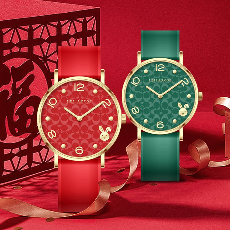 Red and green women's watches with gold rabbit dial design and matching silicone straps