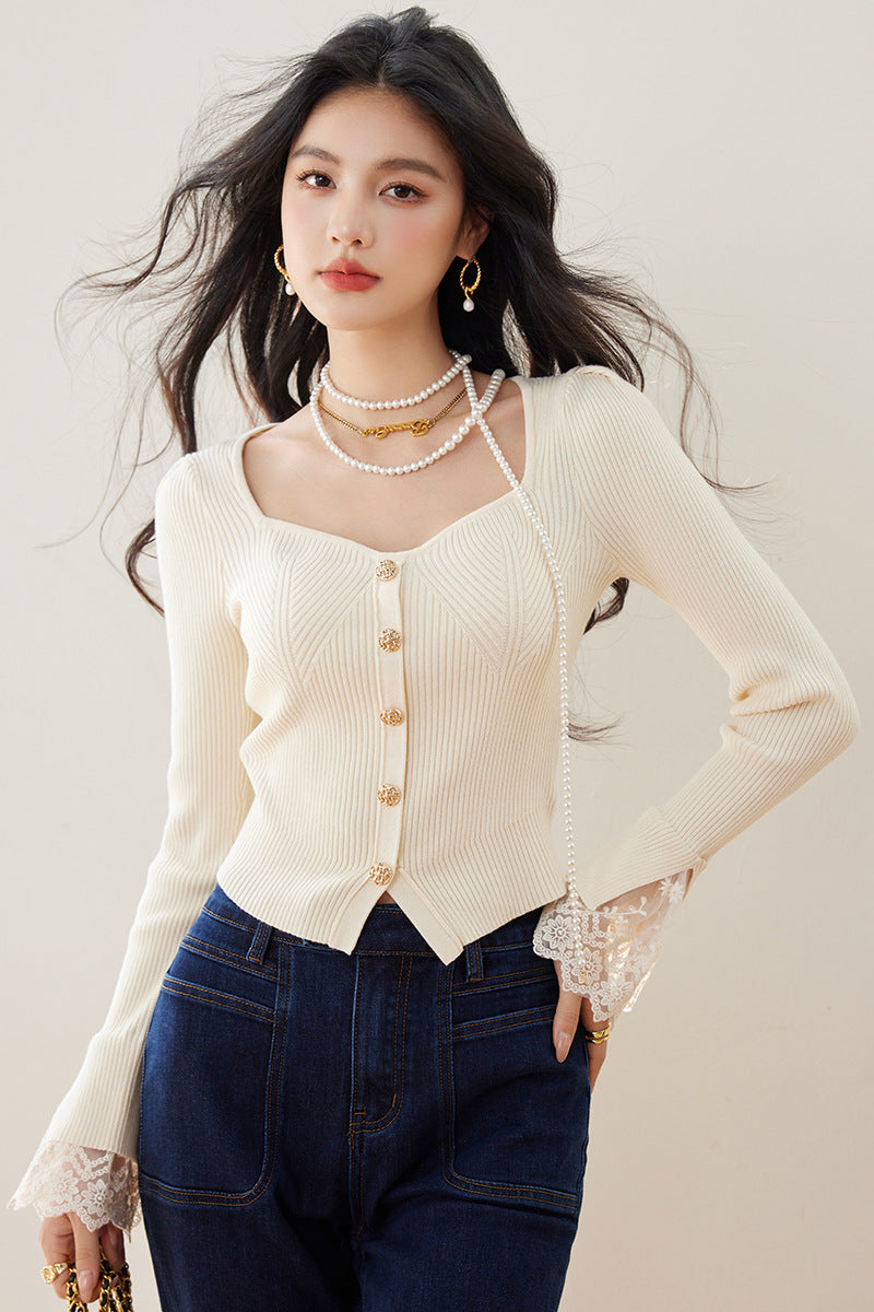 Fashionable  Heart-Necklace Lace Trim Knitted Sweater for Women Slim Fit Pullover
