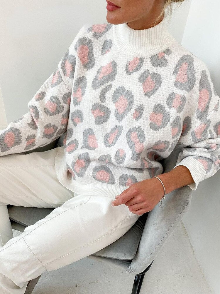 Winter Women's Sweater Leopard Print Animal Basic Thick Turtleneck Oversize Jumper Sotf Warm Knitted Sweaters for Womens