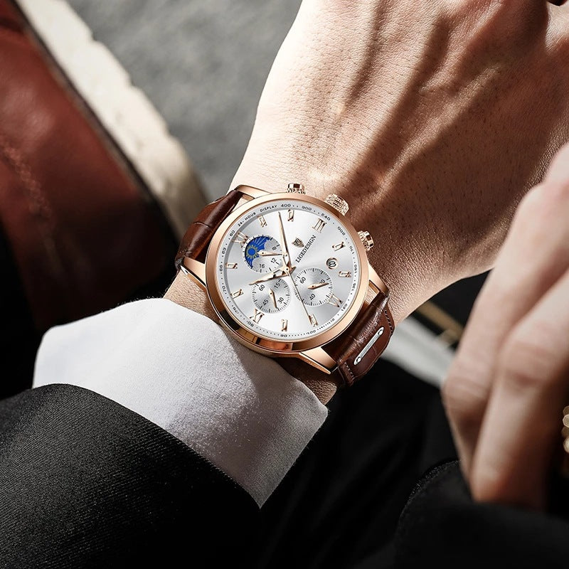 Lige men's watch, white dial with moon phase display and rose gold case, brown leather strap