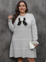 Woven Knit Dress Women's Plus Size Striped Color Block Bow Lace-Up Crochet Detail Dress