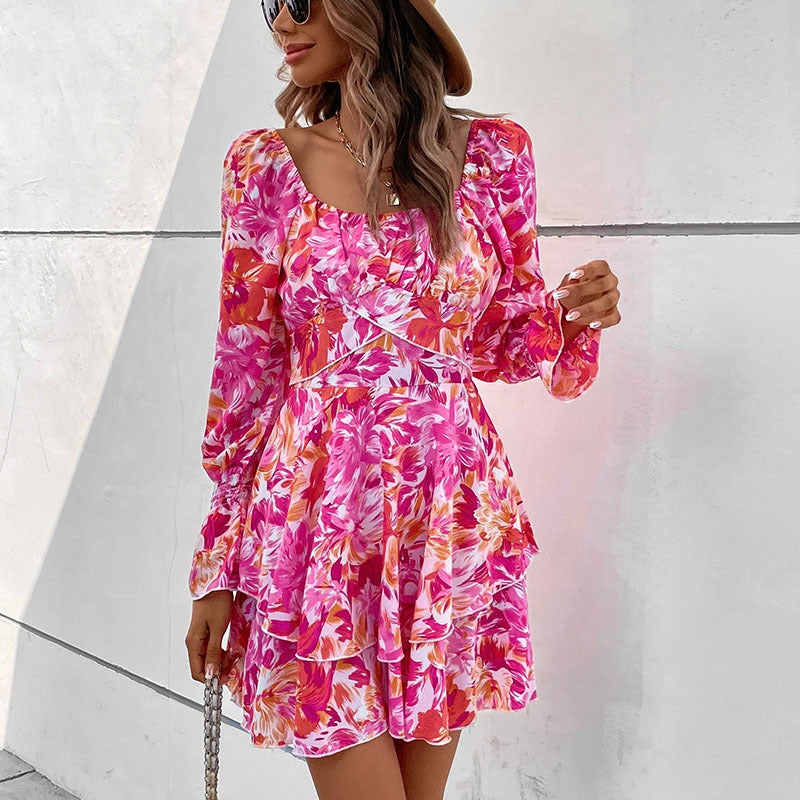 New Fashion European and American Womens Square Neck Printed Ruffle Sleeve Slim Fit Dress