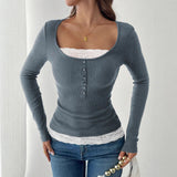 Fashion Simple Round Neck Lace Panel Single Button Slim Fit Long Sleeve Top