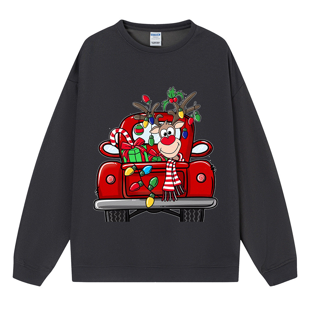 Reindeer Red Truck Sweatshirt, Christmas Graphic Crewneck Pullover