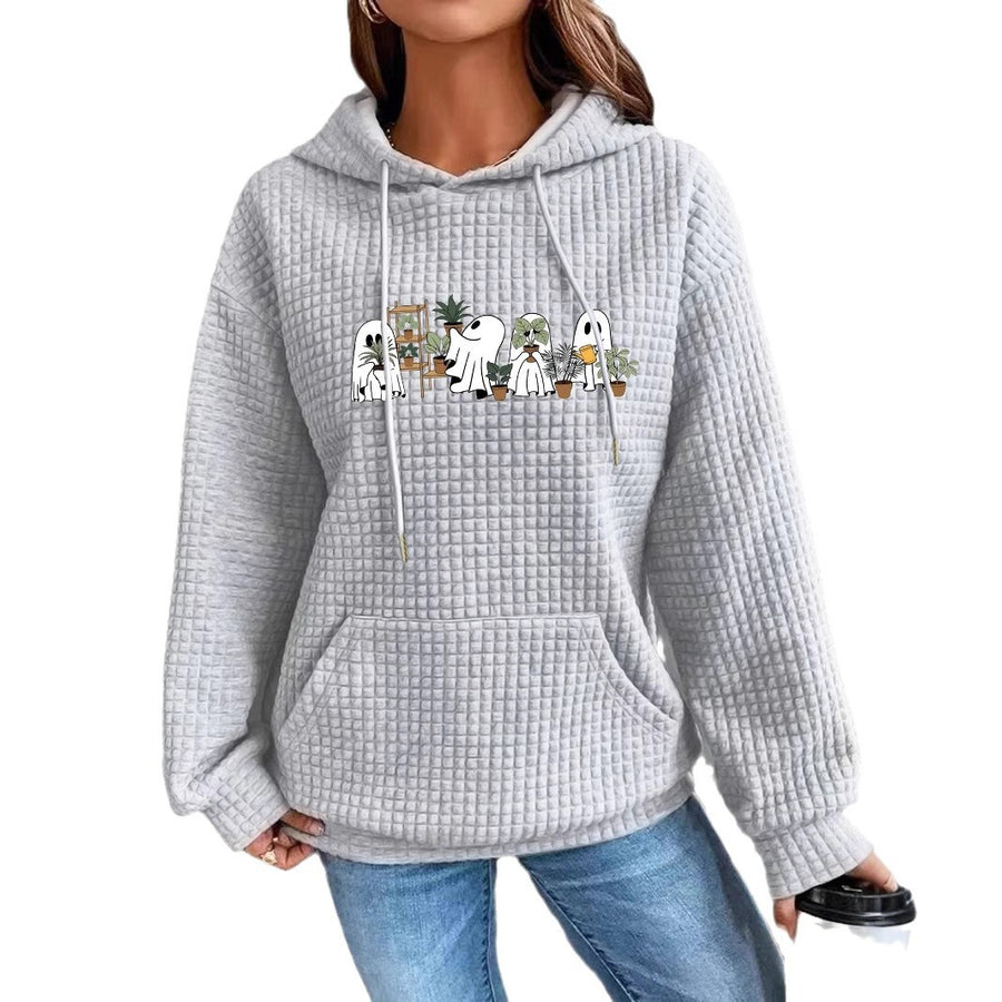 A gray waffle-knit hoodie with a kangaroo pocket printed with a row of little ghosts tending potted houseplants.