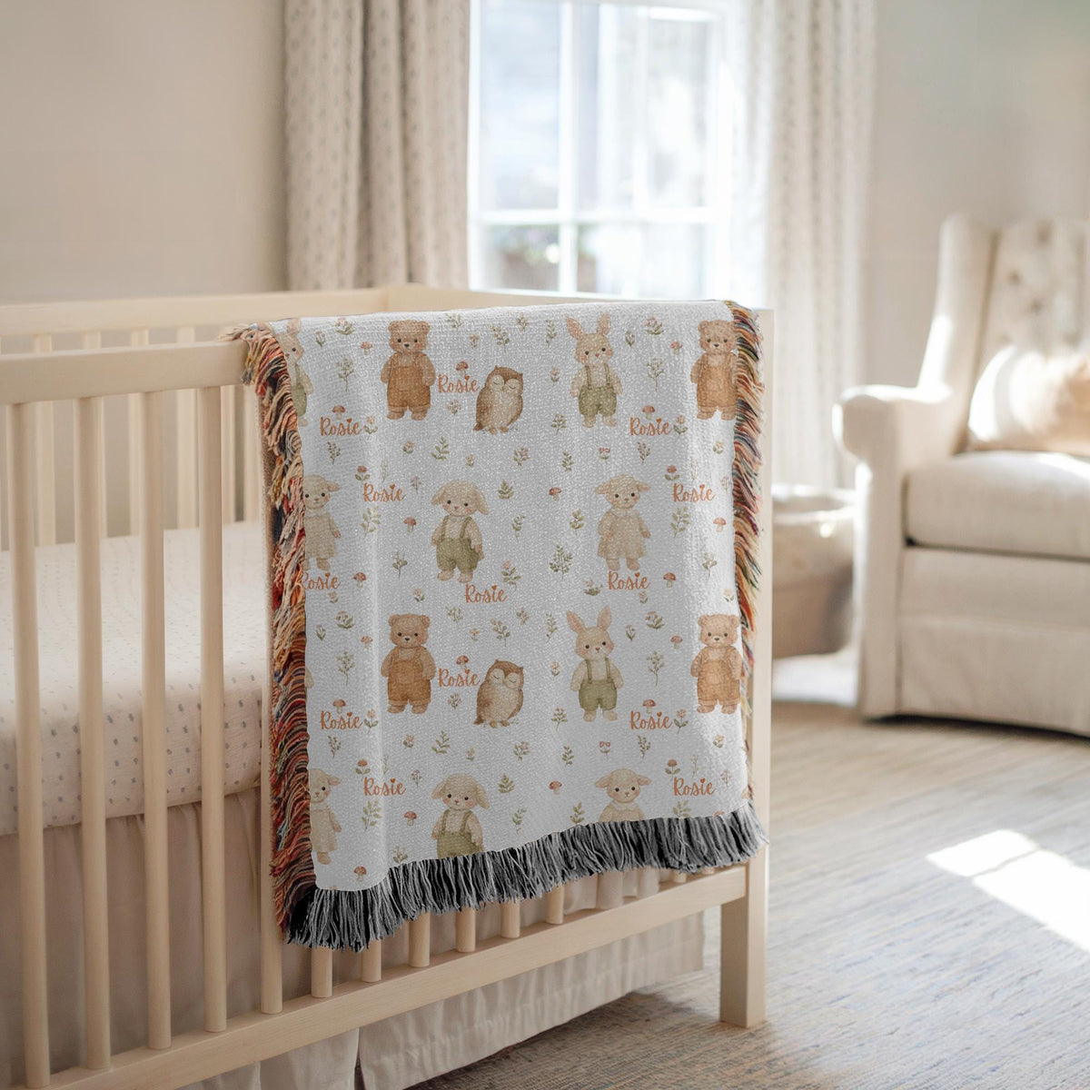 Personalized Woodland Baby Woven Blanket Custom Name Animal Nursery Blanket Bunny Bear Lamb Owl Baby Shower Gift