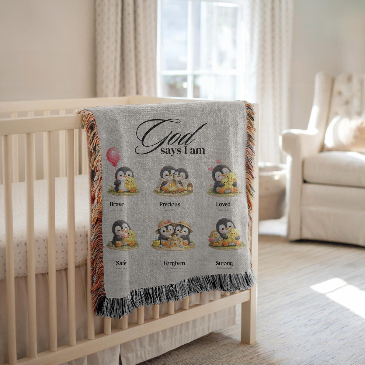Penguin Bible Verse Kids Woven Blanket Christian Nursery Blanket Faith Baby Blanket Baptism Gift Baby Shower Gift Nursery Decor