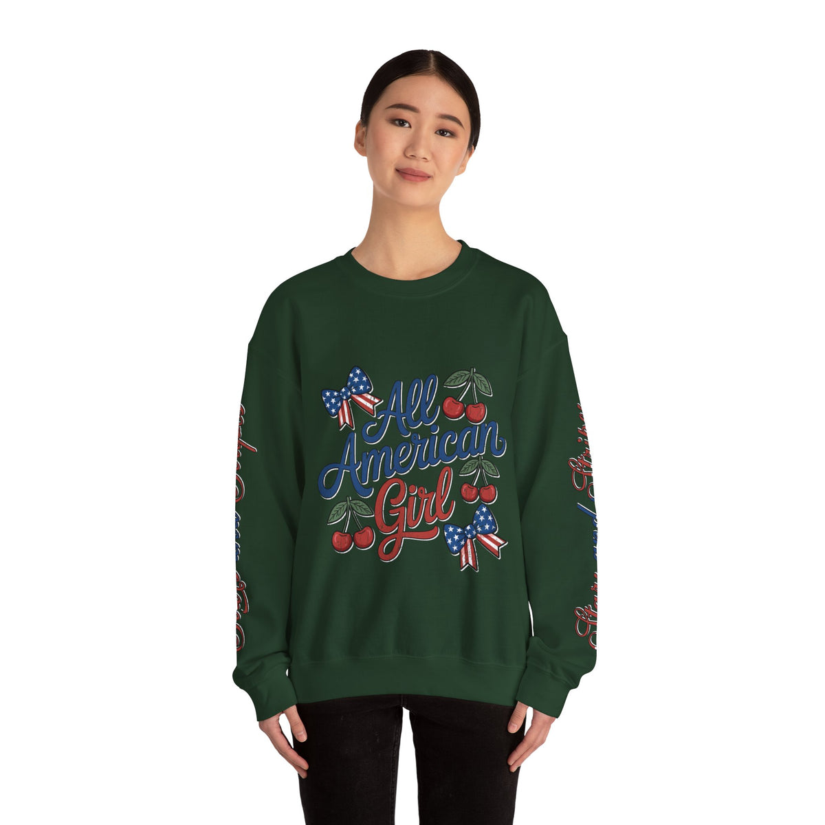 All American Girl Sweatshirt, Patriotic Womens Pullover, USA Flag Cherry Top, Vintage Americana Style, Fourth of July Gift