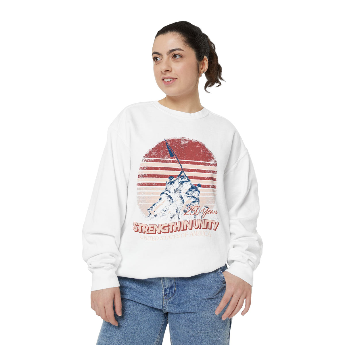 Strength Through Unity Comfort Sweatshirt, America 250 Years Patriotic Crewneck, Vintage USA Independence Day Gift Sweatshirt