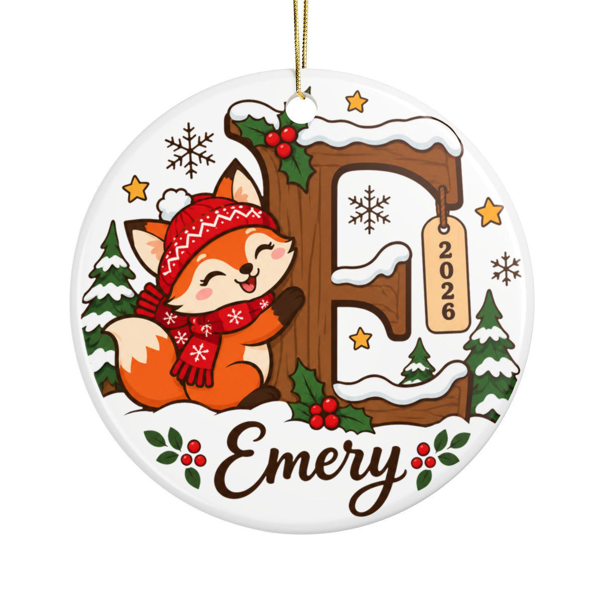 Personalized Fox Initial Christmas Ornament, Woodland Animal Design with Child's Name and Year, Holiday Keepsake Gift for Boys and Girls