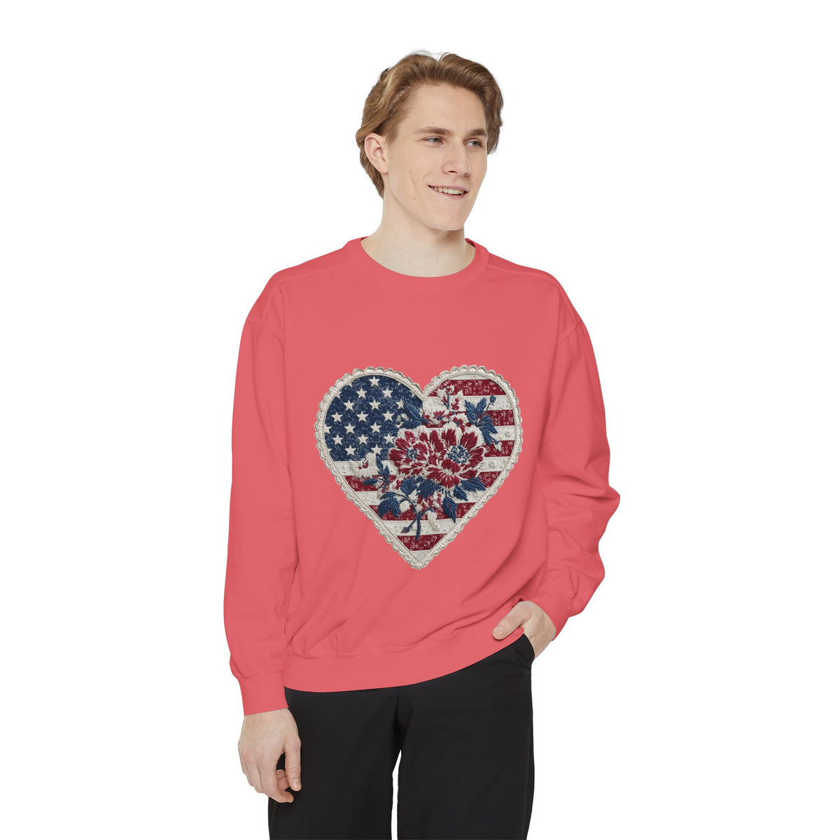 Patriotic Floral Heart Comfort Sweatshirt, American Flag Heart Crewneck, Fourth of July Sweatshirt, USA Gift for Women